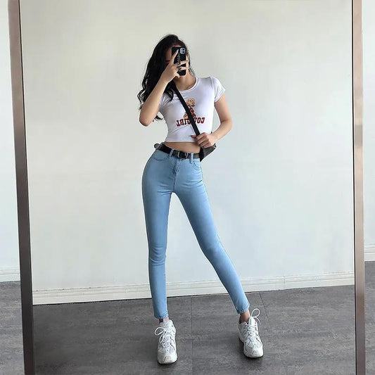 Large Size Sexy Skinny Hip Summer Jeans Women's High Waist Slim Elastic Peach Hip Denim Pants Casual Leggings Pencil Pants Denim Trousers XS to 5XL