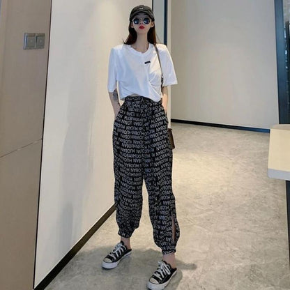 Chiffon Harem Pants Female Ins Tide Summer Letter Pattern Casual Pants Loose and Thin Trousers