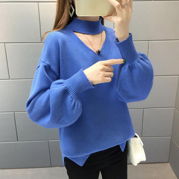 Autumn and Winter Loose Short Sweater Women's Half High Neck Lantern Sleeve Knit Sweater Solid Color Comfortable Bottoming Shirt Outer Wear