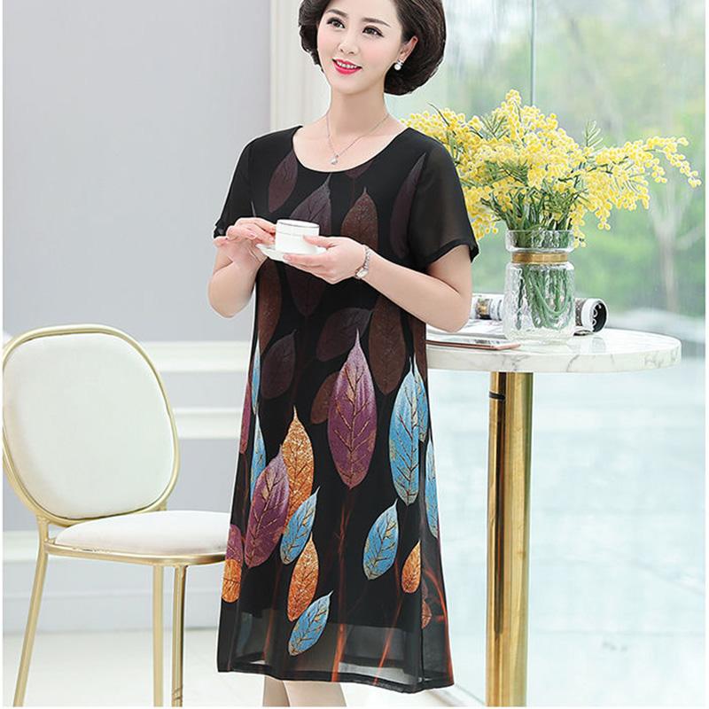 Women's Summer Dress  Middle-aged and Elderly Women's Summer Dress Large Size Chiffon Print Round Neck Short Sleeve Skirt