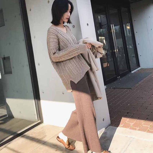 Thickened Autumn and Winter Knitted Elastic Grandma Pants Women's High Waist Drape Loose Straight Leg Casual Pants Wool Wide Leg Pants