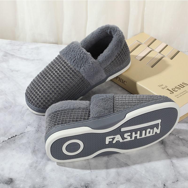 Men Winter Cotton Shoes Unisex  Home Slippers Leather  Non Slip Slippers Waterproof  Plush Warm Indoor Shoes