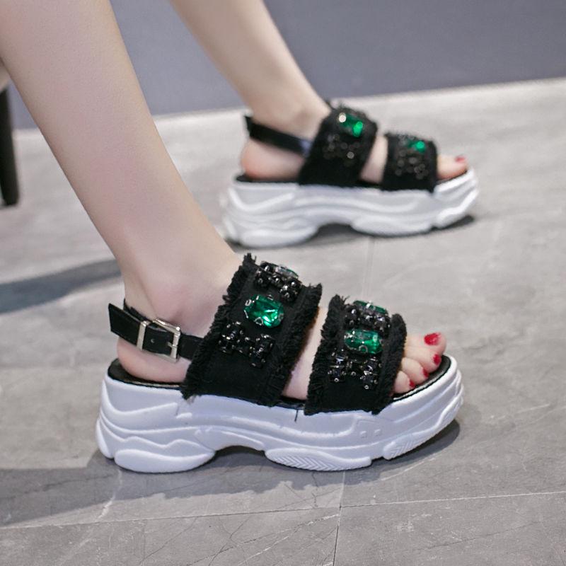Size35-39 Summer Women Slippers Bohemian Beach Wear-resistant Non-slip Slippers Wedge Platform Rhinestone Sandals Outdoor Crystal High Heels