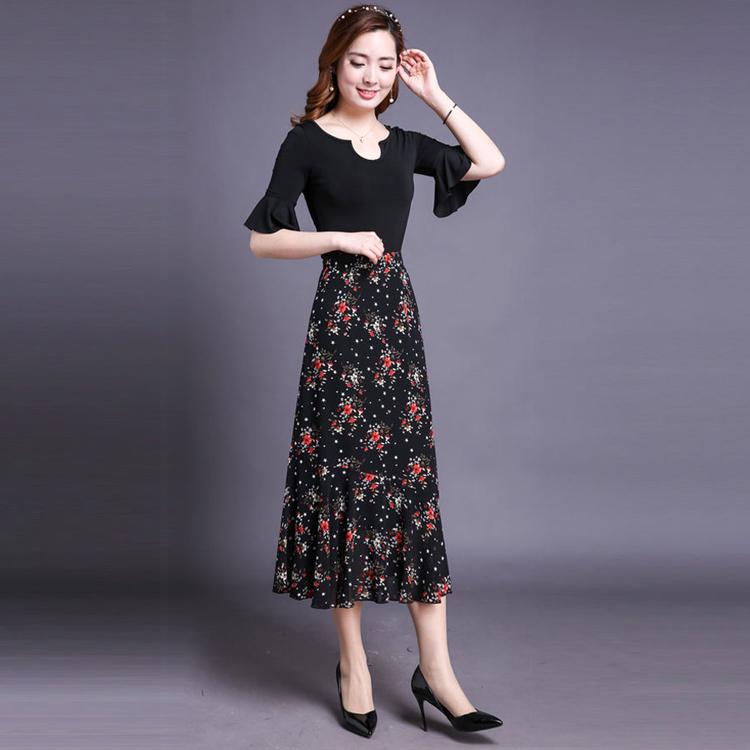 Women Fashion Florals Print Long Skirt Female Elastic High Waist Chiffon Casual Beach Skirts Summer