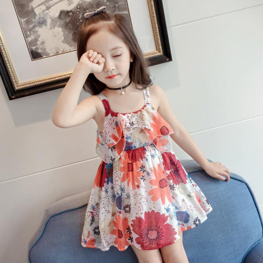 Children's Dress Korean Summer Girl's Lovely Dress Baby Flower National Style Suspender A-line Skirt