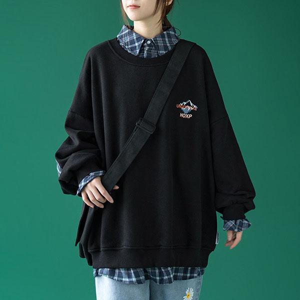 Cotton Spring and Autumn Clothes Fake Two-piece Sweater for Boys and Girls Loose Plaid Shirt Stitching on Clothes