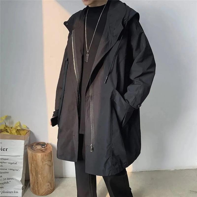 Tooling Jacket Men's Spring and Autumn Hong Kong Style Handsome Windbreaker Jacket Loose Tide Brand Mid-length Hooded Gown