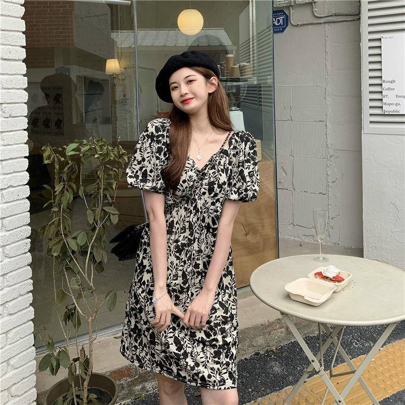 Women's Summer Korean French Slim Super Fairy Knee Shoulder Bubble Sleeve Floral Dress