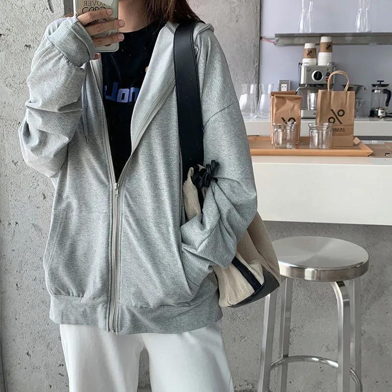 Women's Zipper Hooded Sweater Spring and Autumn Korean Version of The College Style Loose Solid Color Long-sleeved Cardigan Jacket