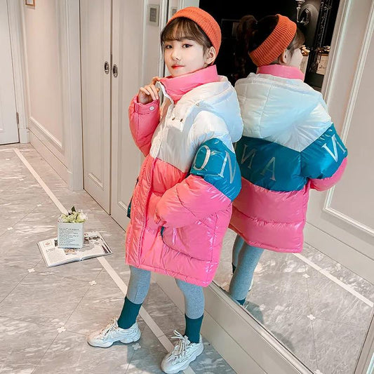 Girls' Warm Cotton Coat Thicken Plus Fleece Windproof Cotton Clothing Mid-length Contrast Stitching Quilted Jacket