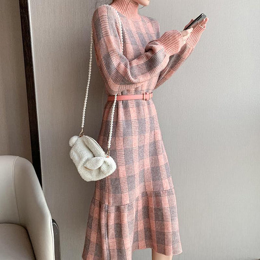 High-neck Padded Sweater Dress Women's Autumn and Winter New Mid-length Over-the-knee Ruffled Waist Knitted Bottoming Dress