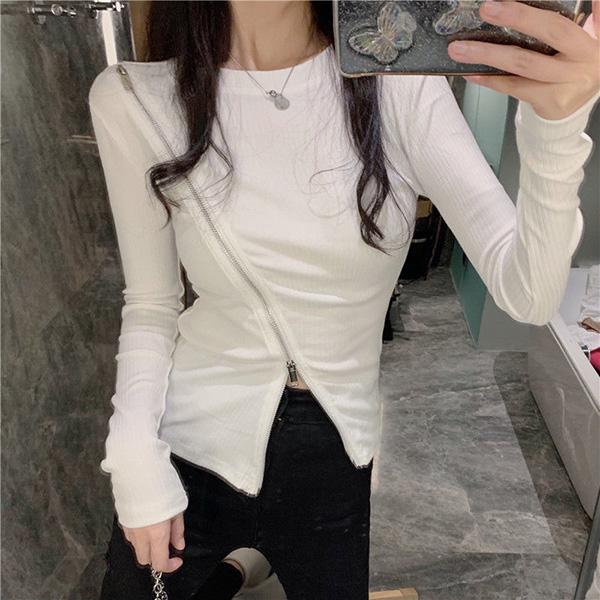 Niche Design Zipper Long-sleeved T-shirt Long-sleeved Slim Bottoming Shirt Round Neck Solid Color Fashion Top