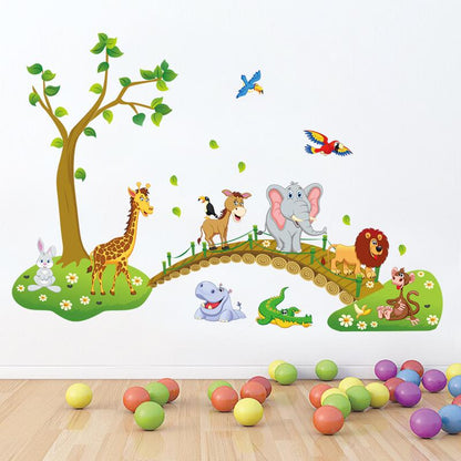 3d Cartoon Wall Stickers Jungle Wild Animal Tree Bridge Lion Giraffe Elephant Birds Flowers For Kids