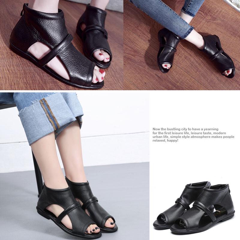 Women Leather Sandals Rome Summer Flat Bottom  Non -Slip Open Toe Sandals Fish Mouth Causal Shoes