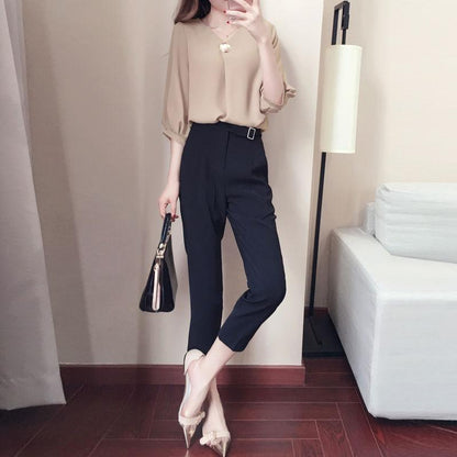 Work Suit V-neck Sleeve Shirt Temperament Suit Nine-point Pants Ladies Suit Casual Shirt Suit Pants Elegant and Temperament Work Suit
