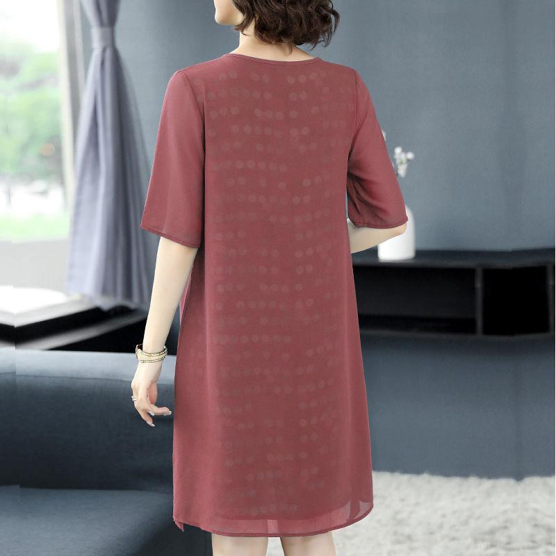 Ladies Dress Round Neck Large Size Loose Fake Two-piece Dress Chiffon Skirt Middle-aged Mother