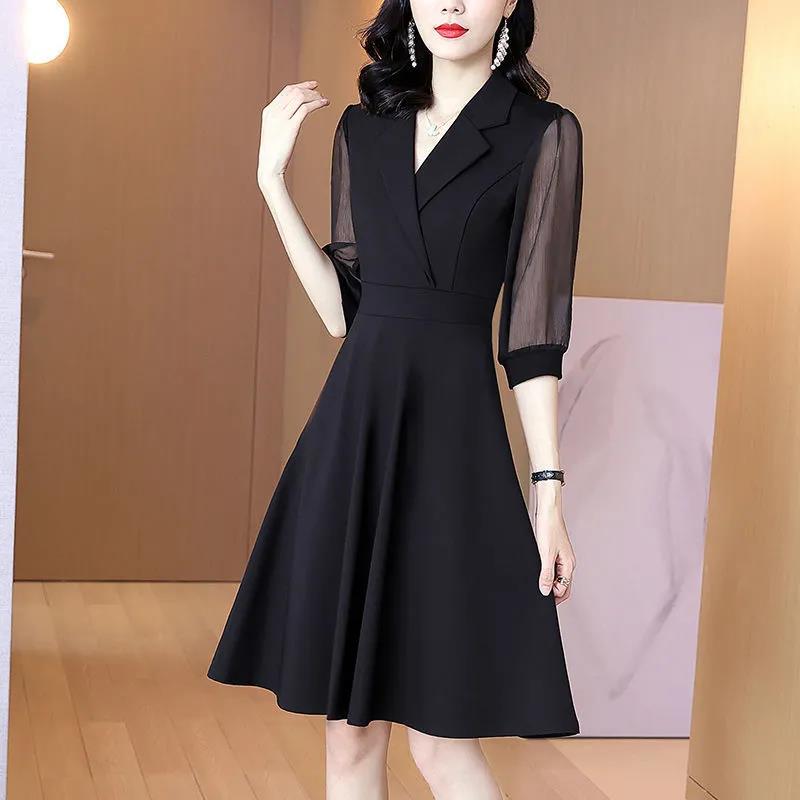 Summer Women's Black Chiffon Dress Mid Length Ladies Loose V-Neck Skirt