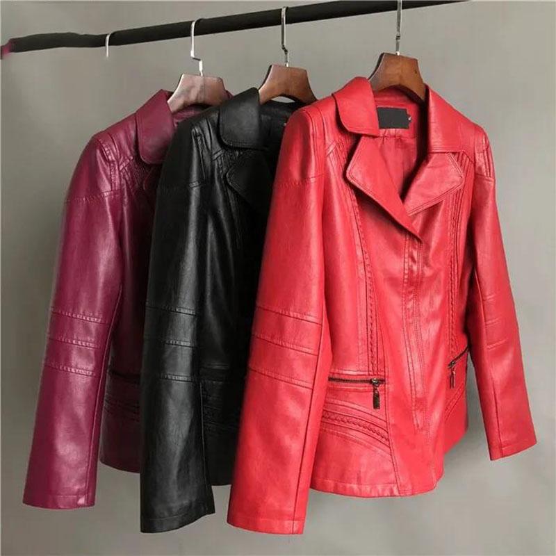 Autumn and Winter Leather Jacket Korean Style Slim V-neck Motorcycle Leather Jacket Thickened Warmth Short Leather Jacket for Women