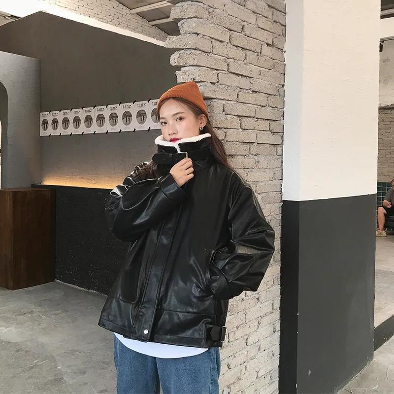 Women Winter Coat Loose Warm Faux Fur Collar Flocking Leather Jacket Windproof  Short Black PU Leather Jacket