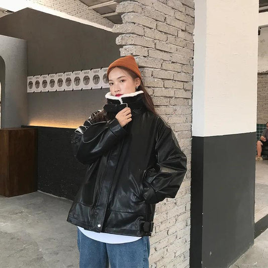 Women Winter Coat Loose Warm Faux Fur Collar Flocking Leather Jacket Windproof  Short Black PU Leather Jacket
