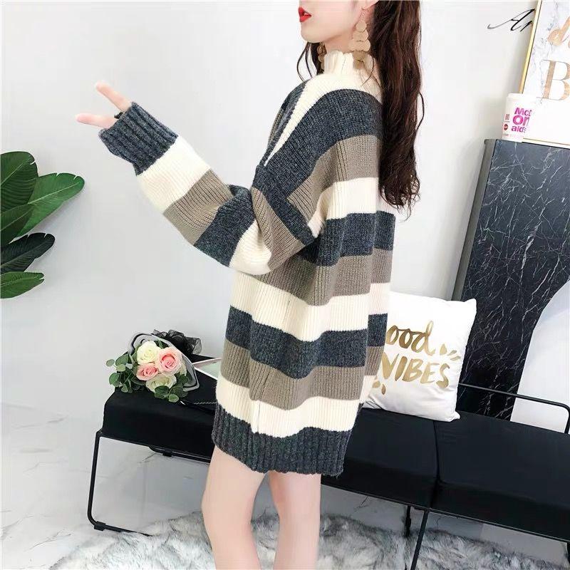 Pofulove Women Striped Turtleneck Pullover Sweater Long Sleeve Office Thicken Long Sweatshirts Top