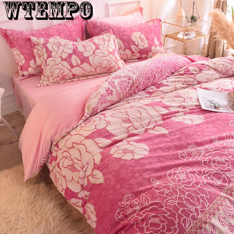 4pcs Winter Romantic Bedding Sets Floral Print Queen/king Size Quilt Cover Thick Warm Bed Sheet +pillowcases