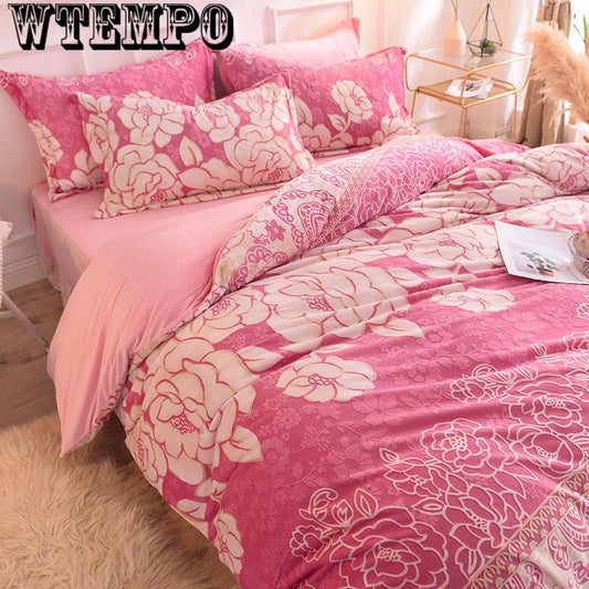 4pcs Winter Romantic Bedding Sets Floral Print Queen/king Size Quilt Cover Thick Warm Bed Sheet +pillowcases