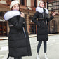 Ladies winter padded coat long over the knee fur collar hooded down padded jacket Slim thick warmth Parka Coat