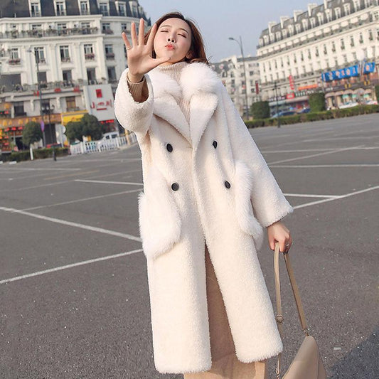 Winter Fashion Lamb Fur Faux Fur Coat Female Mid-length Korean Loose Casual White Fur Collar Coat
