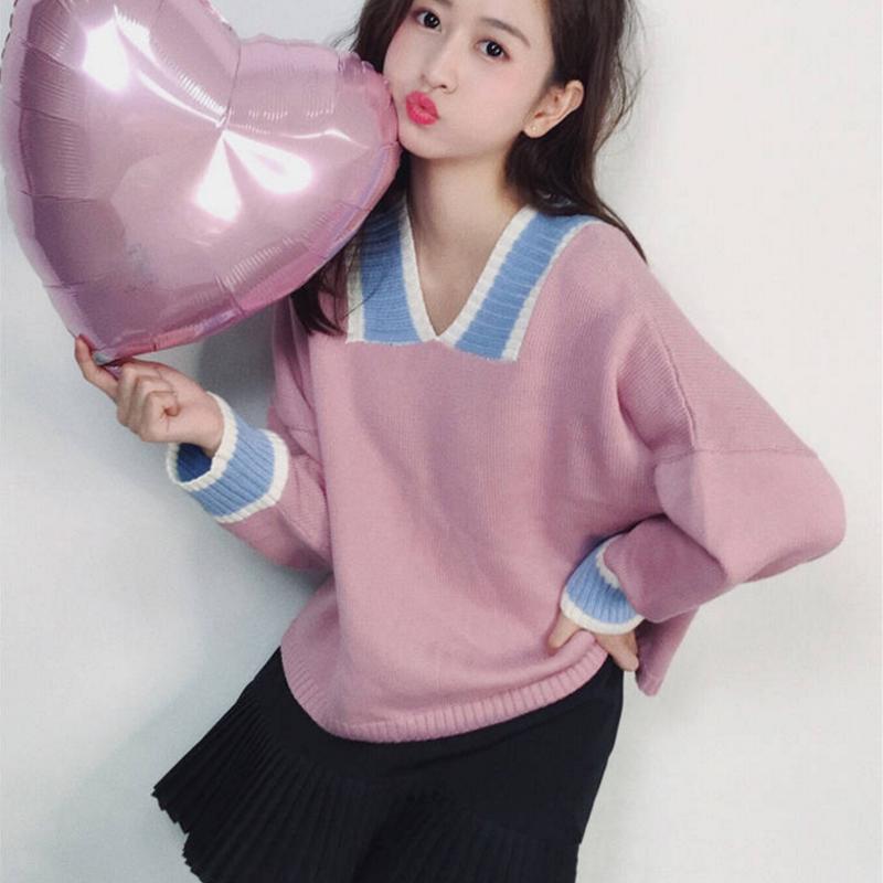Women's Warm Sweaters V-neck Sweater Female Students Loose Wild Contrast Sweater Coat Women