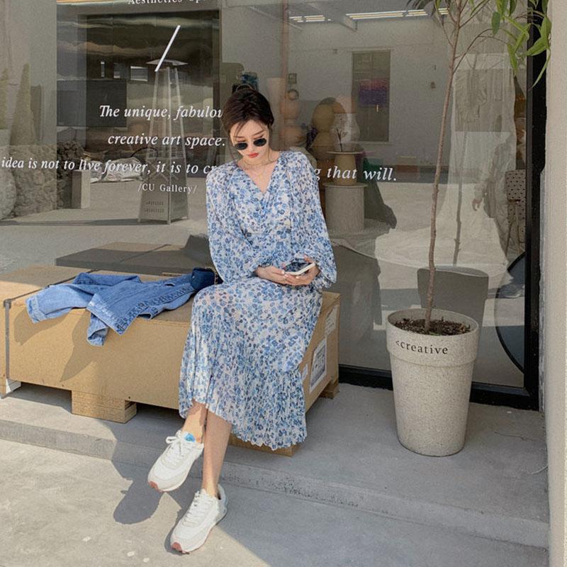 Chiffon Long Skirt Female Summer Holiday Style Retro Floral French Dress V-neck Spring Summer Casual Long Sleeves