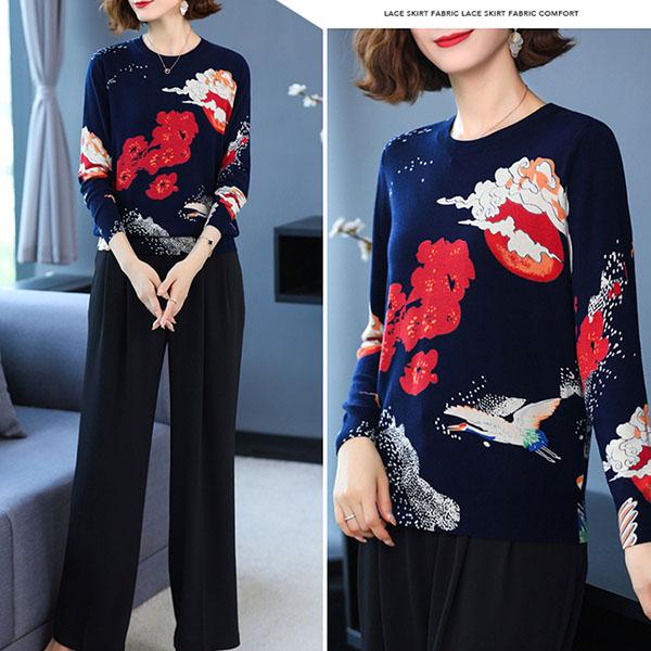Women's Printed Pullover Sweater Tops Autumn  Winter Long-sleeved Bottoming Sweater Women's High-end Woolen Sweater