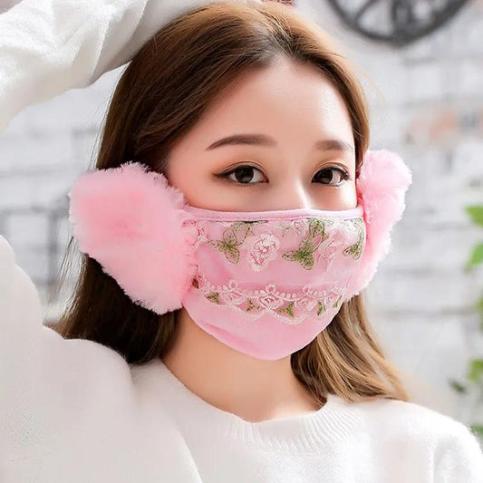 Women's Two-in-one Ear Protection Warm Lace Mask Autumn Winter Thickening Dust-proof Anti-fog Cold-proof Breathable Mask Face Mouth Mask