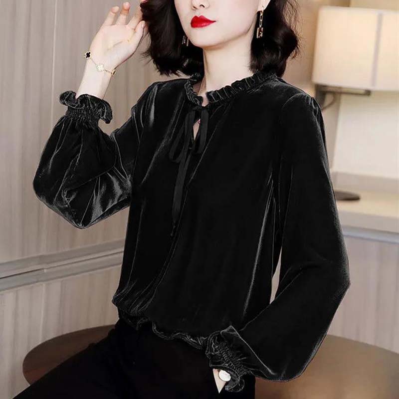 Long Sleeve Velvet Shirt Women's Spring and Autumn Loose Solid Color Bottoming Shirt Top