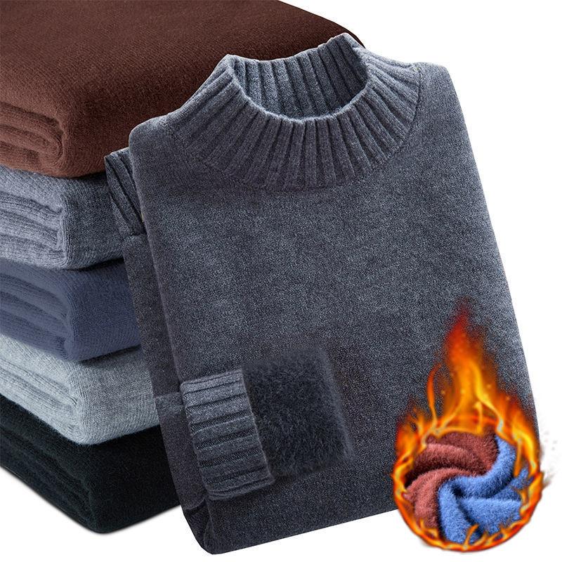 Autumn and Winter Half Turtleneck Sweater Men's Slim Plus Velvet Thick Pullover Sweater