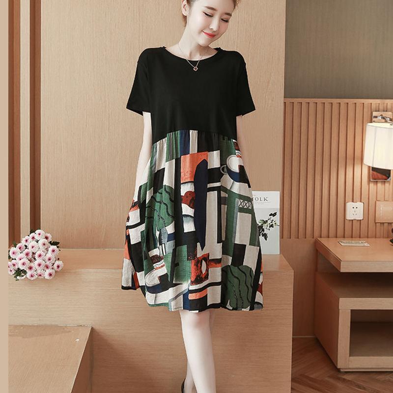 Splicing Vintage M-XXXXXL Summer Polyester Short-sleeved Knee-length A-line Dress