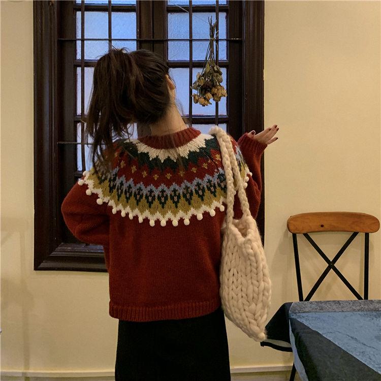 Autumn Winter Red Christmas Sweater Women Loose Snowflakes Printing Pullover Sweater Knitted Top Outwear