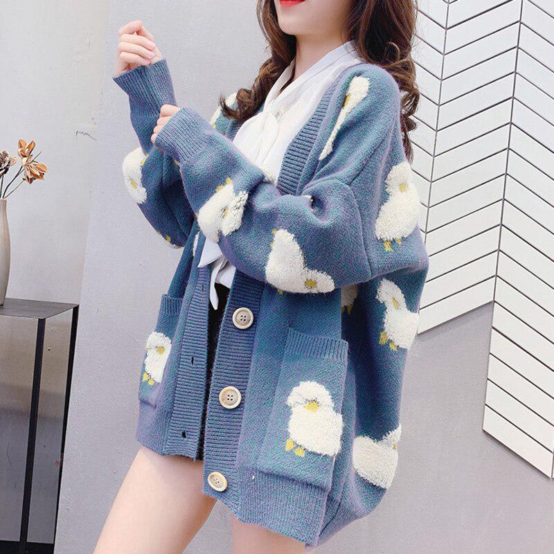 New Sweater Cardigan Female Loose Street Knit Sweater Cute Cartoon Print V Neck Cardigan Jacket Tops