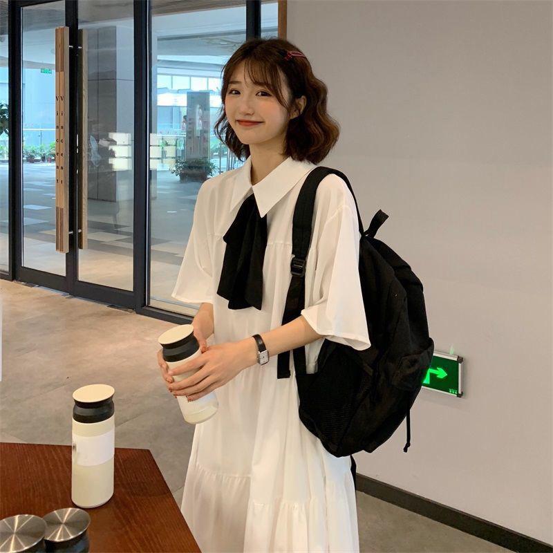 Cute Sweet Girl Bow Ruffle College Style Mid-length A-shaped Skirt Age Reduction Looser  Short Sleeve Dress