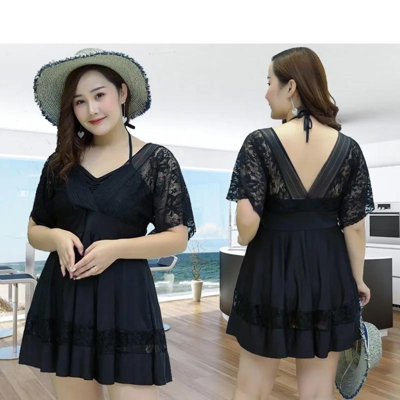 Plus Size Swimsuit Women's Solid Color Lace V-neck Tie Pleated Swimwear with Chest Pad Sexy Backless Beachwear Belly Cover Skirt Separate Swimsuit