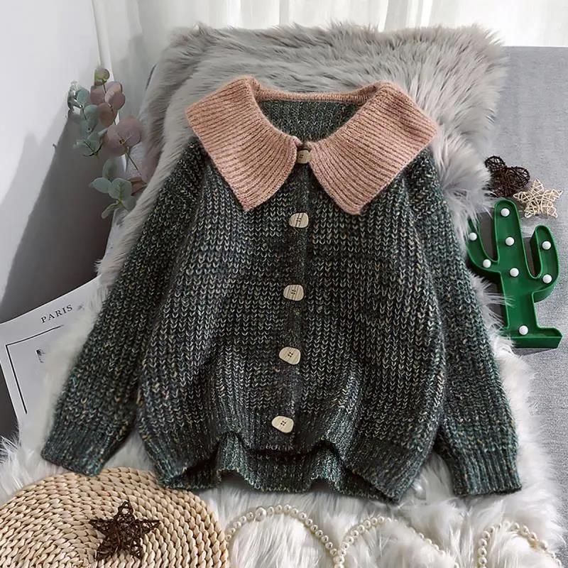 Short Doll Collar Sweater Cardigan Women's Spring and Autumn Sweet and Loose Student Sweater Coat Thickening