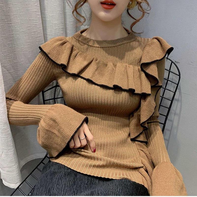 Ruffle Knit Bottoming Sweater Autumn and Winter Fashion Outer Blouse Thick Round Neck Jacket