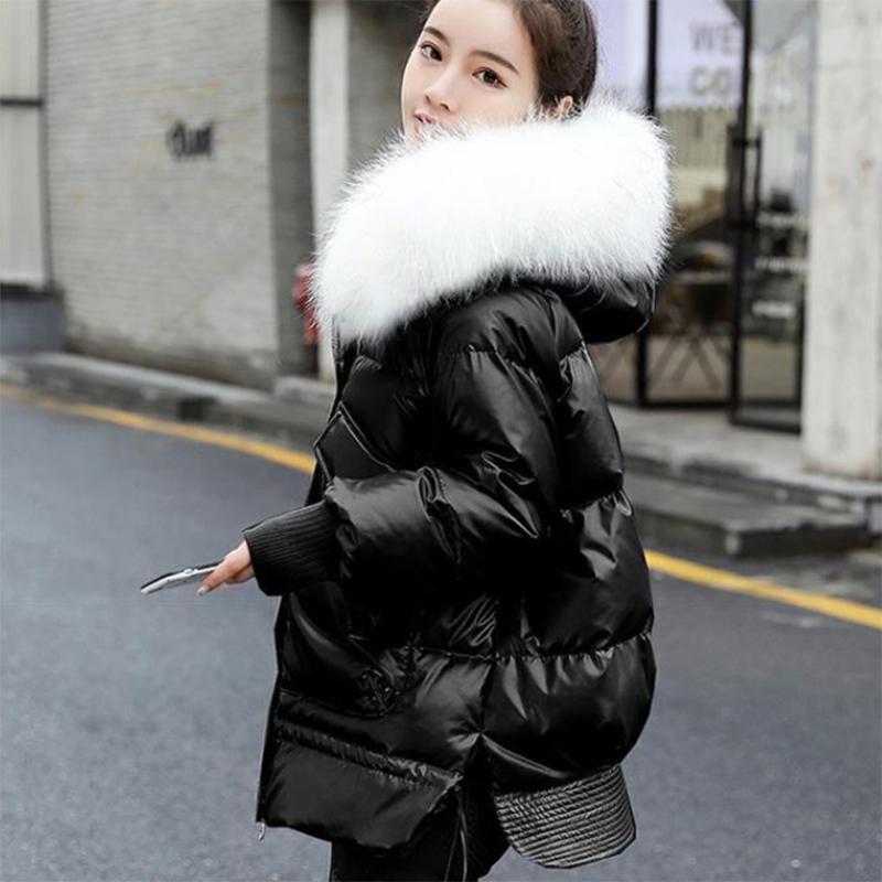 Women's Shiny Hooded Down Jacket Regular Korean Style Loose Thick Coat Warm Cotton Coat with Big Leather Collar Winter Jacket Quilted Jacket