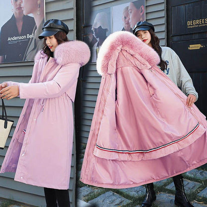 Detachable Overcoming Women's Mid-length Over-the-knee Large Fur Collar Slim-fitting Plus Velvet Padded Coat Loose One-coat Three-wear