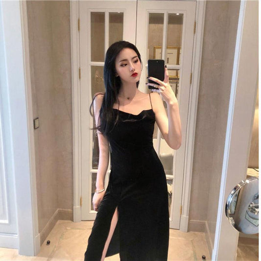 Black Sling Dress Women's High Slit Gold Velvet Sling Bottoming Skirt Spring Autumn Short Skirt