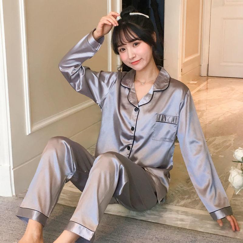 Pajamas Women's Spring and Autumn Models Long-sleeved Large Size Women's Thin Ice Silk Sexy Suit Loose Home Clothes Fabric Soft and Silky