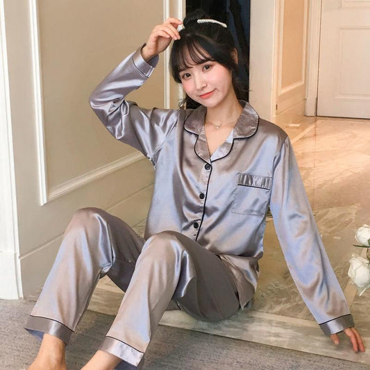 Pajamas Women's Spring and Autumn Models Long-sleeved Large Size Women's Thin Ice Silk Sexy Suit Loose Home Clothes Fabric Soft and Silky