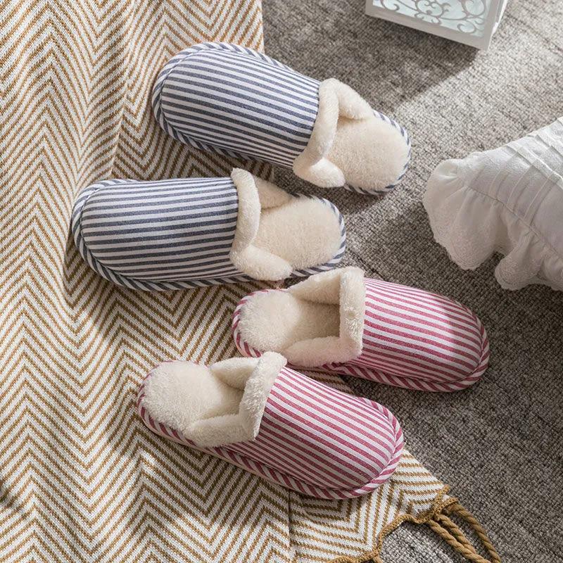 Autumn and Winter Pure Cotton Slippers Striped Design Indoor Non-slip Soft-soled Shoes Warm Simple Plush Cotton Shoes