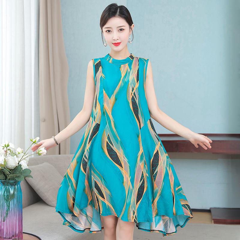 Cotton Silk Dress Female Summer Mother Sleeveless Mid-length Loose Large Home Night Skirt Beach Skirt