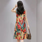 Summer Ethnic Print Satin Fabric Dress Round Neck Mom Loose Slim Mid-length Vest Skirt Daily